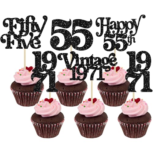 Gyufise 30Pcs 55th Birthday Cupcake Toppers Glitter Vintage 1971 Cheers to 55 Fabulous Fifty Five Cupcake Picks 55th Birthday Wedding Anniversary Party Cake Decorations Supplies Black