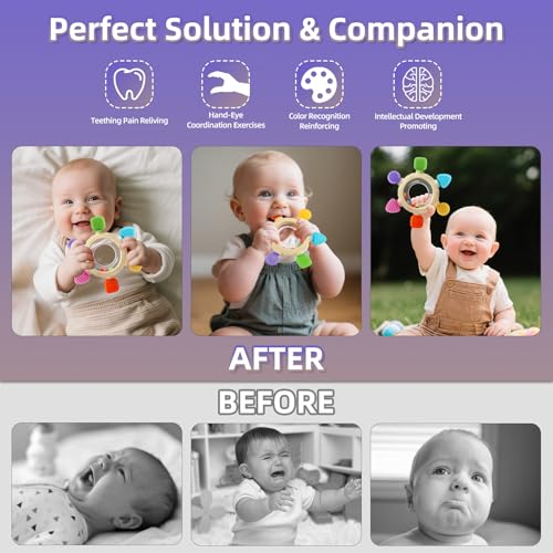 Baby Teething Rings Toys for 0-6 6-12 Months Baby Rattle Teether Sensory Toys for Babies 0-24Months Silicone Teether Relief Chew Soothing Sore Gums for Newborn Infant Essentials BPA Free - Image 6