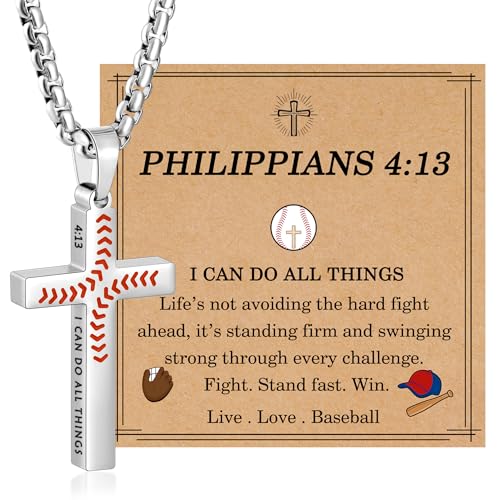 HEYOLL Baseball Necklaces for Boys Men, Bible Verse Silver Cross Chain Pendant Necklace Baseball Drip Gifts Accessories Stuff for Kids Teens Easter First Communion Gifts For Boys