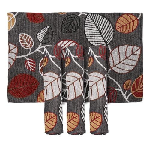 Image of Black Leaves Eco-Friendly Cotton Dining Table mats - Reusable, Machine Washable, Everyday Use Black Rectangular Placemats, Set of 4 (33x47 cm)