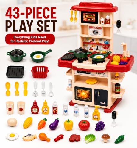Image of Kids Kitchen Set for Girls & Boys, 43 Pcs Pretend Play Kitchen Set with Working Sink, Light & Sound Stove, Cookware, Fruits & Vegetables, Role Play Toy for Kids Age 3+