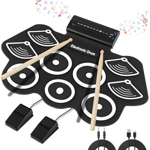 Kerdele Almofada de Prática de 9 Tambores, Conjunto de Almofadas de Bateria Eletrônica Com Pedais e Baquetas, Bateria Eletrônica Portátil, Conjunto de Bateria Elétrica