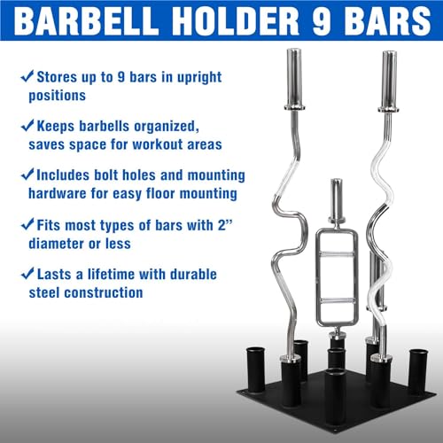 Yes4All Vertical Bars Storage Rack, Steel Organizer for 2in Olympic Straight/Curl Barbell, Dumbbell Handle - 9 Bar Slots, Square Shape, Black Finish by Yes4All - Image 5