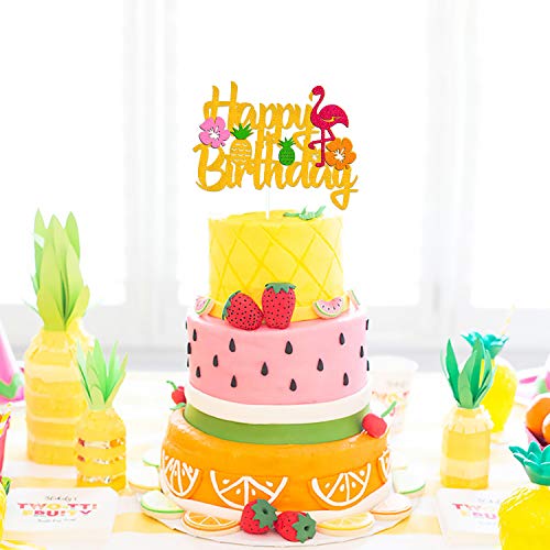 Flamingo Pineapple Cake Topper Tropical Hawaiian Luau Themed Happy Birthday Cake Decorations For Kids Boy Girl Birthday Party Supplies #TOP3