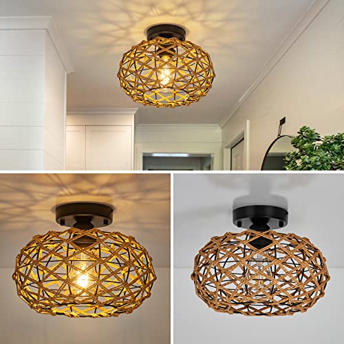 Rattan Ceiling Light Fixtures, Woven Wicker Semi Flush Mount Ceiling Light, Coastal Boho Rattan Ceiling Light For Farmhouse Bedroom Hallway Entryway Kitchen #TOP2