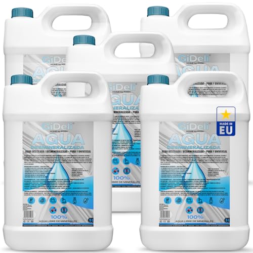 GiDeli Agua desmineralizada, 5 x 5 l, agua destilada para planchas, baterías, radiadores, humidificadores, acuarios y laboratorios, agua sin cal, inodoro, transparente