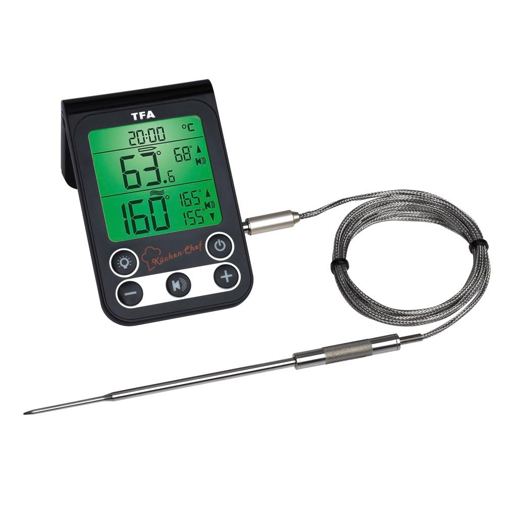TFA Dostmann Termometro digitale per arrosti e grigliate KüchenChef, 14.1512.01, per forno, sonda in acciaio inossidabile, con allarme, orologio, con magnete/supporto, nero