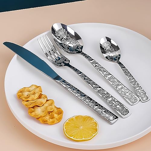IKXO Silverware Set 24 Piece Stainless Steel Silver Flatware Set for 6, Silver Tableware Set with Vintage Carving, Cutlery Set Great for Family Gatherings & Daily Use