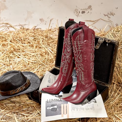 Image of wetkiss Women's Pointed Toe Cowboy Boots | Knee High Cowgirl Boots, Retro Embroidery, Chunky Heel, Pull-On, Style for a Classic Western Look,Stable and Comfortable