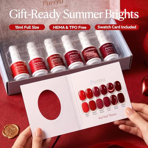 Image of AzureBeauty 15ml HEMA Free Red Purera Gel Nail Polish Set 6 Colors Ruby Burgundy Dark Cherry Red Cat Eye Magnetic Gel Polish Same Color Bottles Soak Off UV LED Nail Art Kit for DIY Home Manicure Salon