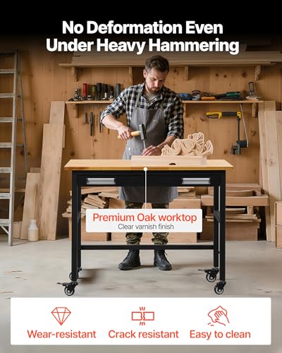 Image of VEVOR Workbench, 48-inch Garage Workbench with Drawer Storage & Wheels, 1500 lbs Load Capacity Workshop Bench on Wheels, Heavy Duty Oak Wood Top Work Table for Garage, Workshop, Office, and Home