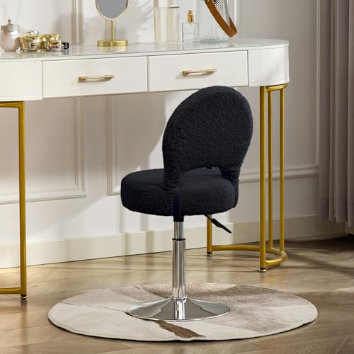 Image of Adjustable Small Vanity Stool Chair with Folding Back for Teenager | 360 Swivel Vanity Chair for Makeup | Teddy Fabric Ottoman Stool for Bedroom Living Room | Small | Black