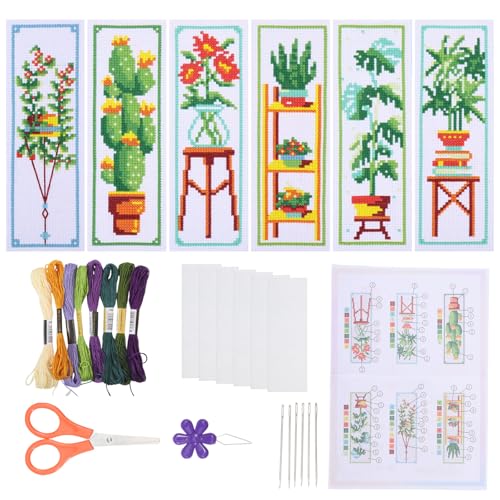 ORIGACH 6 Set Green Plants Cross Stitch Bookmark Kit for Beginner with Backing Felt Floss Instructions DIY Stamped Embroidery Bookmark Kit for Adults, Book Lovers
