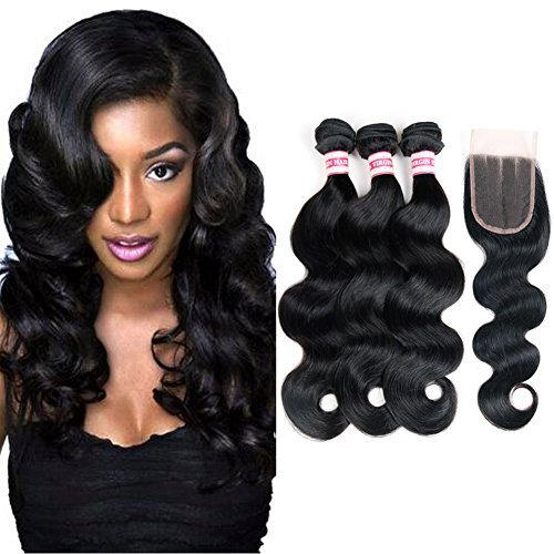 Fabeauty Body Wave Peruvian Human Hair 3 Bundles with Closure 100% 7a Unprocessed Virgin Peruvian Hair Body Wave with Closure Human Hair Extensions Bundles with 3 Part Closure(44) (10 12 14+8)