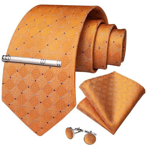 Image of DiBanGu Mens Silk Plaid Tie and Pocket Square Set | Elegant Silk Formal Tie Set, Woven Check Necktie and Cufflinks Tie Clip Set, Perfect for Wedding Party, Comes in Gift Box