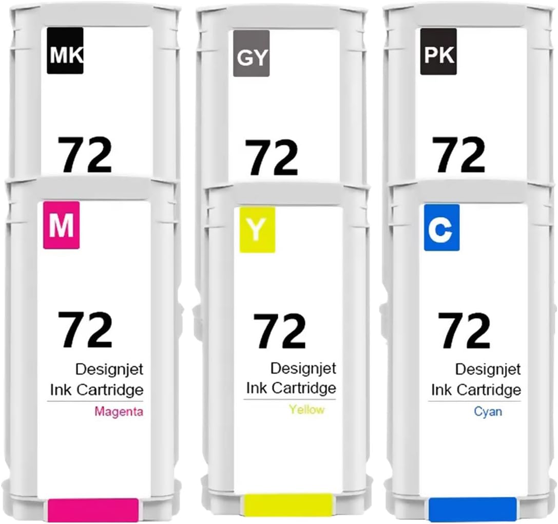 Compatible 72 Ink Cartridges Replacement for HP 72 130-ml C9403A C9370A C9371A C9372A C9373A C9374A for DesignJet T770 T790 T795 T610 T620 T1100 T1120 T1200 T1300 T2300 Printer (6-Pack)