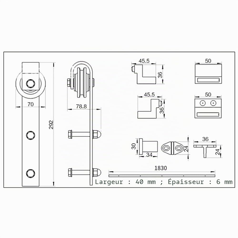 Système de Porte Coulissante, Rail Porte Coulissante avec Roulette, Kit Coulissant pour Systeme Porte Simple, Quincaillerie Kit de Rail pour Porte Coulissante (Classique, 183cm)