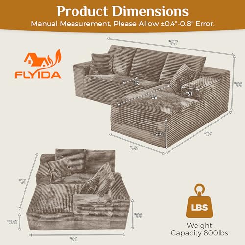 Image of 108 inch Boneless Cloud Sectional Couches for Living Room, Comfy Fluffy Soft L Shaped Deep Seat Memory Foam Boneless Couch, Modular Sectional Sofas with Right Facing Chaise, Brown