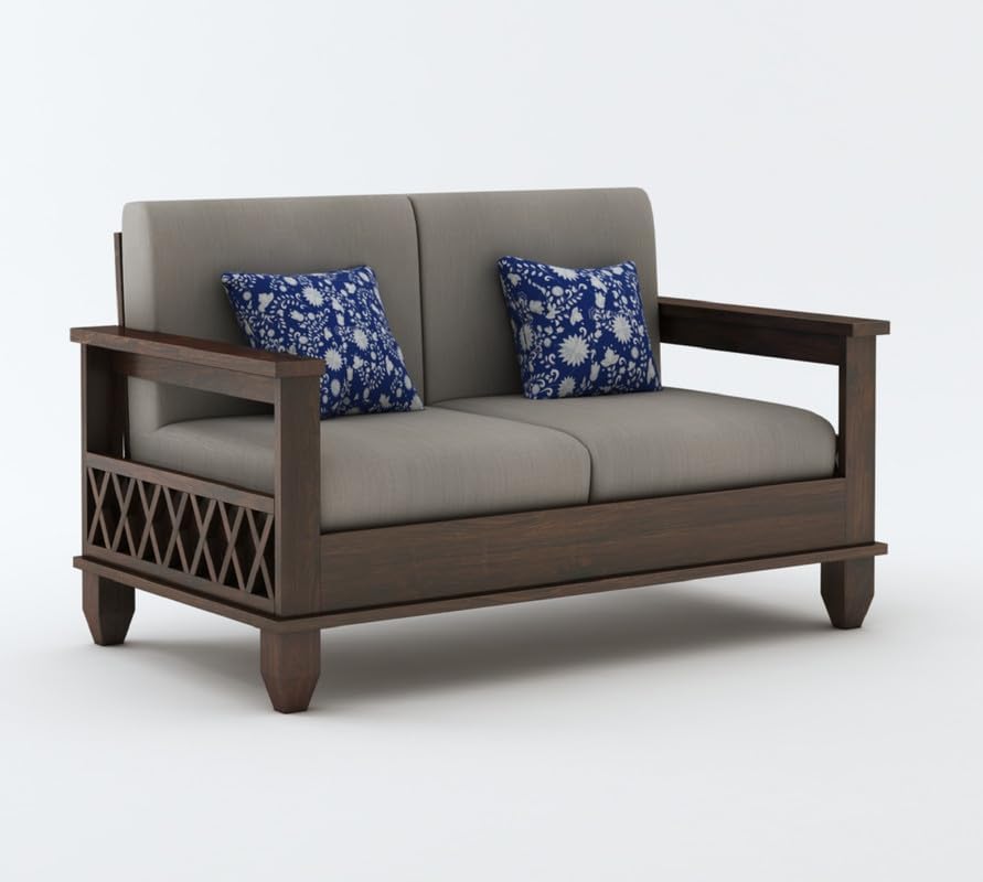 Image of STRATA FURNITURE Sheesham Wood 2 Seater Sofa Set for Living Room | Wooden Two Seater Sofa Set Furniture for Bedroom Home Hall and Hotels (Walnut Finish)