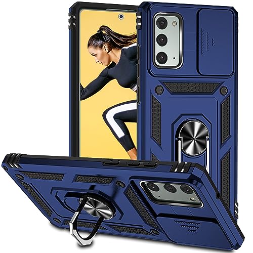 POUHYE Funda para Samsung Galaxy Note 20 Carcasa Original, Silicone TPU + PC Rugged Bumper Case con 360° Magnético Anillo Soporte, Cubierta de cámara Deslizante Proteger Carcasa Azul