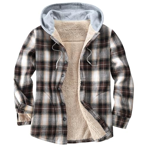 Image of Men's Cotton Plaid Shirt Jacket Fleece Flannel Sherpa Button Down