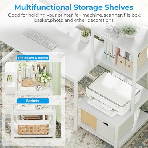 Image of GreenForest Computer Desk 58 inch with Printer Shelf, Reversible Office Desk with Monitor Stand and 2 Hooks, Home Desk Workstation for Study Writing Working Gaming, Full White