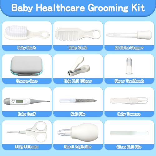 Baby Healthcare and Grooming Kit, Baby Safety Care Set, Baby Electric Nail Trimmer Set Newborn Nursery Health Care Set for Newborn Infant Toddlers Baby Boys Girls Kids (Grey White-18 Kits)