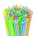 500 Pack - Sno-Cone Spoon Drinking Straws, Assorted Neon Colors Disposable Plastic Straw, 7-1/4"