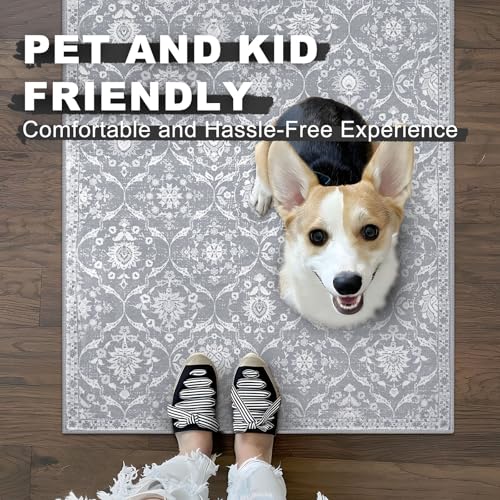 KILOCOCO 2x5 Runner Rug, Moroccan Super Soft Washable Hallway Entryway Runner Rug, Accent Print Faux Wool Kitchen Runner Rug 5 Feet Non-Slip Runners Boho Rug Runners for Bedroom, Silver Grey/Blue
