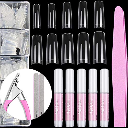 Clear Nail Tips Acrylic Nail Cutters False Nails Clipper Nail Glues 500 PCS 10 Sizes Half Cover Coffin Nail Tips With Case