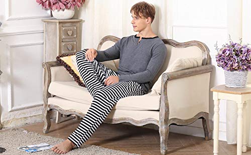 Aibrou Men's Pajama Set Cotton Long Sleeve Top & Bottom Striped Sleepwear Loungewear Gray - Thumbnail 7