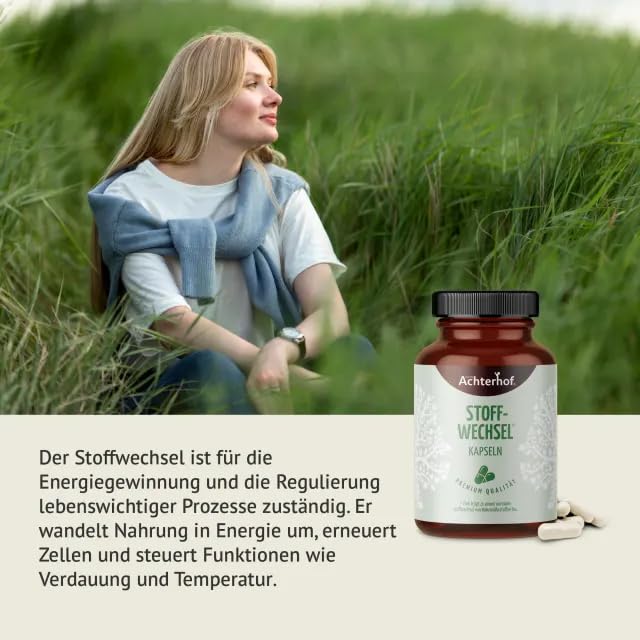 Stoffwechsel Kapseln (120 Kapseln) | Funktion aus Cholin, Zink und Chrom | plus Garcinia Cambogia, Guarana-, Grüntee- & Ingwer-Extrakt | für 60 Tage | vom Achterhof
