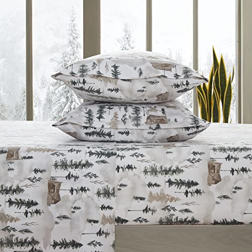 Flannel Sheets Warm and Cozy Deep Pocket Breathable All Season Bedding Set with Fitted, Flat and Pillowcases, Queen, Winter Cabin Lodge