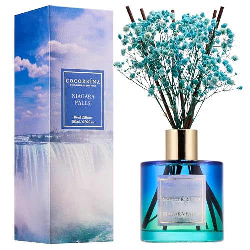 Image of COCORRINA Reed Diffuser - Niagara Falls 6.7 Fl.oz Reed Diffuser Set with 8 Sticks & Preserved Baby's Breath, Reed Diffuser for Home Bathroom Shelf Decor