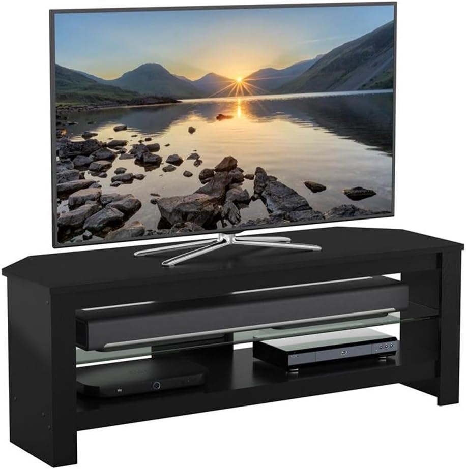 Pemberly Row Wood and Glass TV Stand, Black Oak Finish, Fits TVs 27-55 in, 45.28 in Wide, 15.55 in Deep, Angled for Corner or Flat Wall Placement, Cable Management, Stylish Home Entertainment Unit