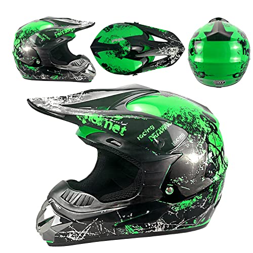 SanQing Motocross Helmet Fashion Youth Adult Dirt Bike Helmet Unisex-Adult Dirt Bike Off-Road Mountain Bike Motorcycle Helmet DOT Approved (Gloves Goggles Face Shield) 4Pcs Set (Green, Large)