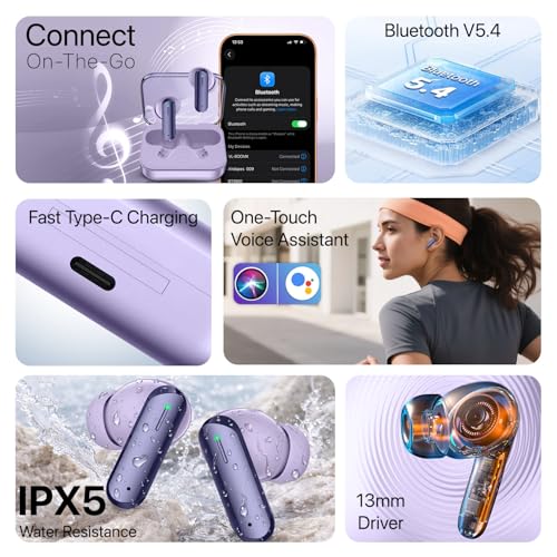 Image of Vaku Luxos BOOMX Wireless Earbuds Bluetooth 5.4 TWS Headphones 60H Playback Bass Stereo 13mm Drivers Gaming Low Latency HD Calls Touch Control Fast Charging IPX Waterproof- Light Purple