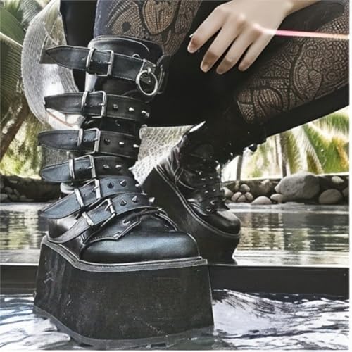 Womens Platform Mid Calf Combat Boots Chunky Booties Punk Combat Boots For Women Wedges Chunky Motorcycle Booties2