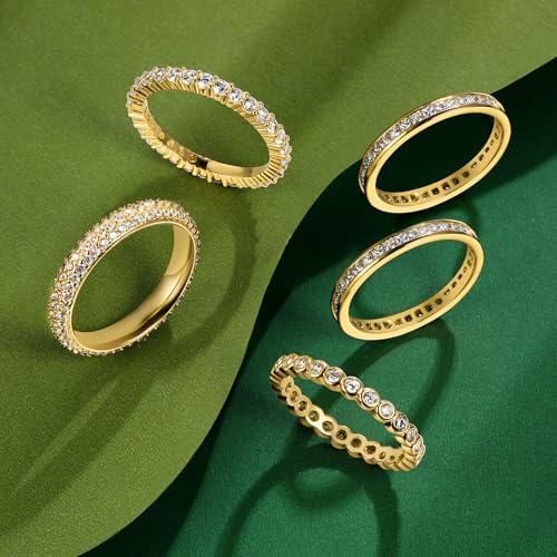 TIKJE 5 Rings Set For Women, 18k Yellow/White Gold/Rose Gold/Black Plated Rings - Cubic Zirconias Band Ring, Eternity Promise Ring For Her Engagement Ring Wedding Band Size 5-123