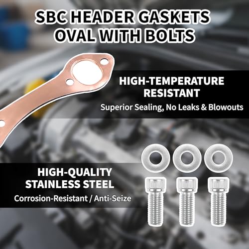 PLKHCU SBC Header Gaskets with Bolts, Oval Port Copper Exhaust Manifold Gaskets & Stainless Steel Exhaust Header Kit 3/8 Bolts for SBC Chevy 283 305 327 350 383 400 Small Blocks V8 Engine by PLKHCU - Used condition - Image 3