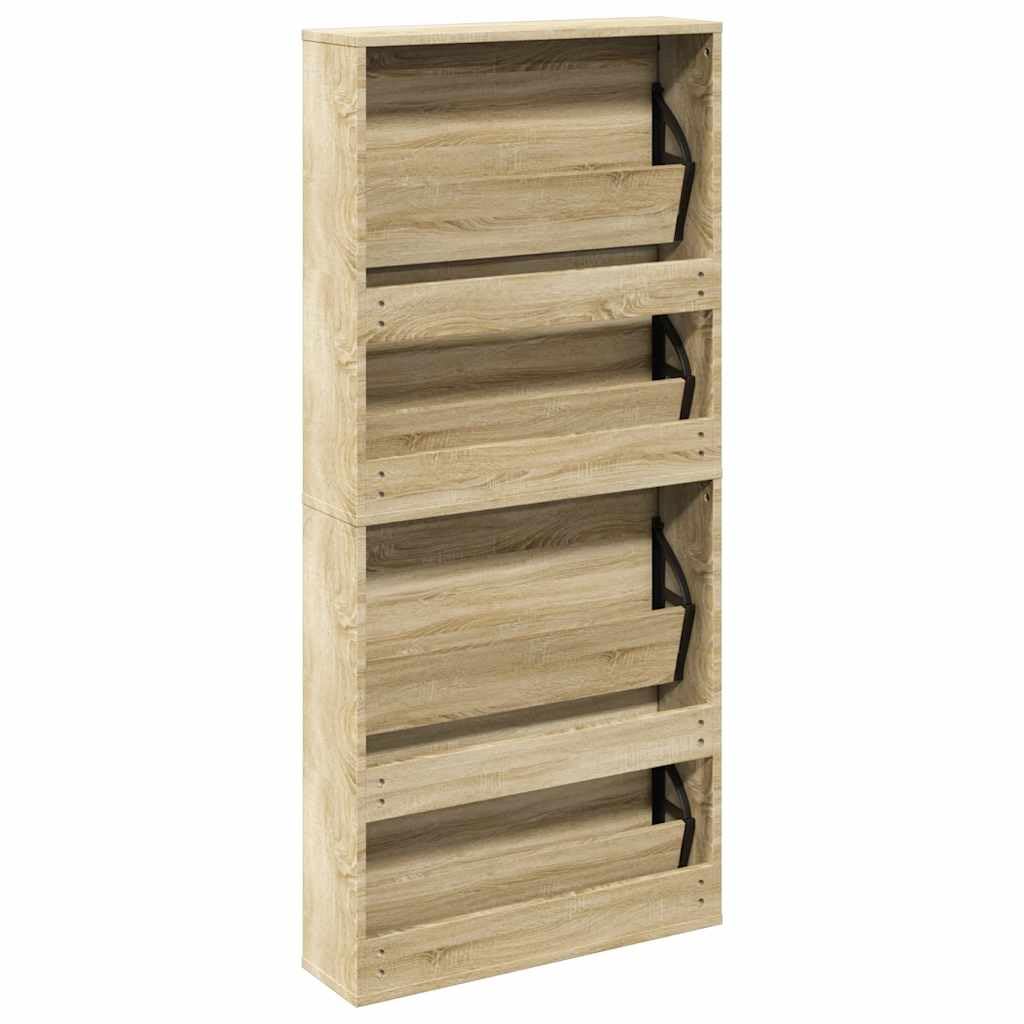 Szafka na buty z lustrem dębowym z 4 składanymi półkami, 63 x 17 x 134 cm, regał na buty, organizer do korytarza, korytarza, garderoby, zamknięta półka na buty, wąska, wysoka, możliwość