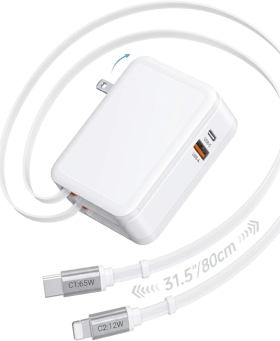2026 Updated 65W Retractable Wall Charger,4 in 1 Foldable Gan Phone Charger Block with 2.6FT Lightening+TypeC Cables,Travel Essentials Brick Plug Multiport for Mac Book Pro/Air,iPhone 17,iPad,Galaxy