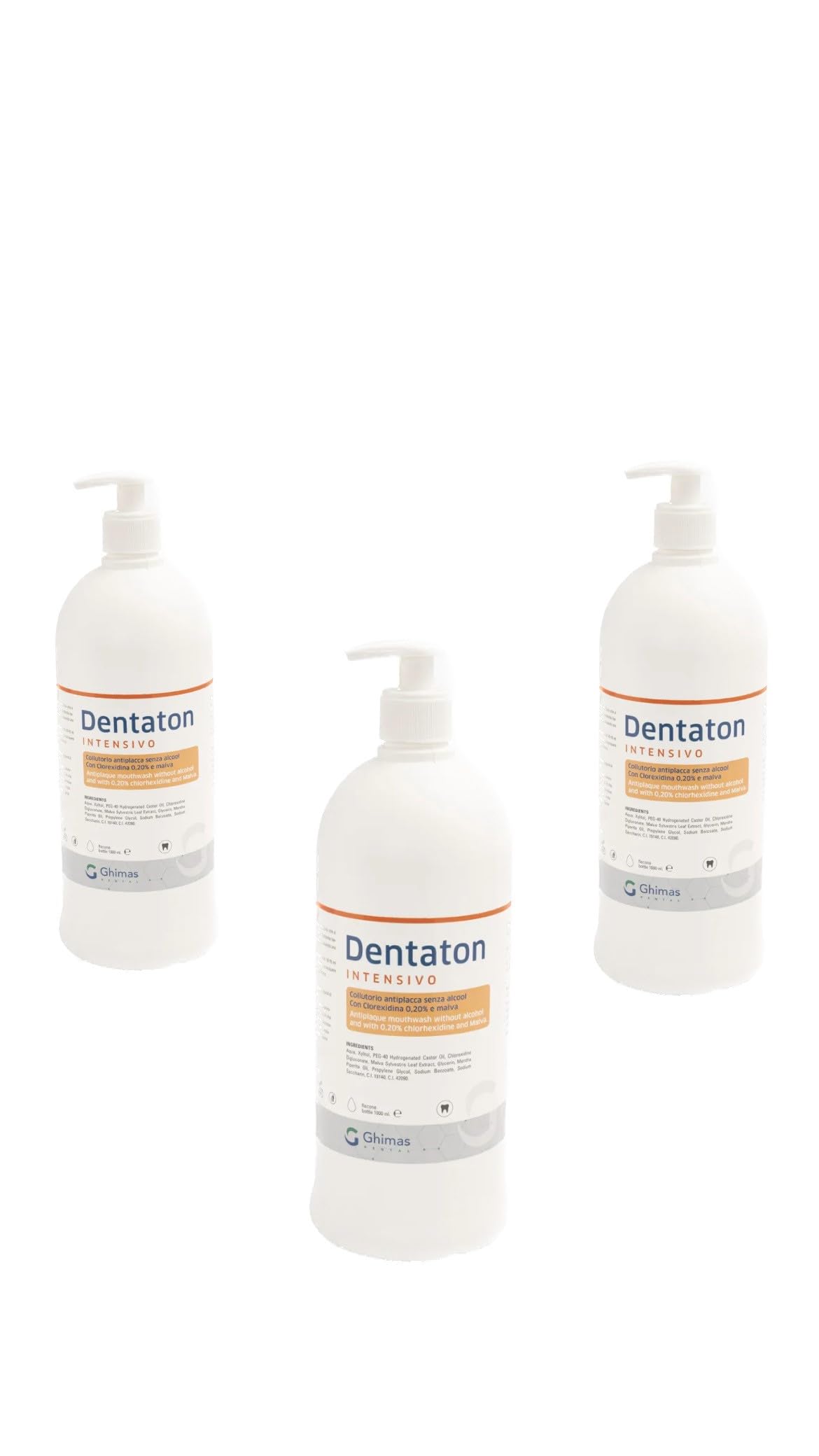 Dentaton Colluttorio Antiplacca 3 flaconi da 1lt con L’estratto di Malva senza Alcool alla CLOREXIDINA 0,20%, RIDUCE LE CARIE, GARANTISCE GENGIVE SANE