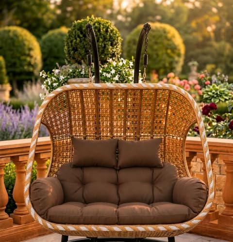 Image of Hanging Swing Chair with Cushions | Brown Woven Rattan Style Double Seater Jhula with Stand | Indoor Outdoor Balcony Patio Garden Porch Seating | Relaxation Chair for Home & Decor (Brown)