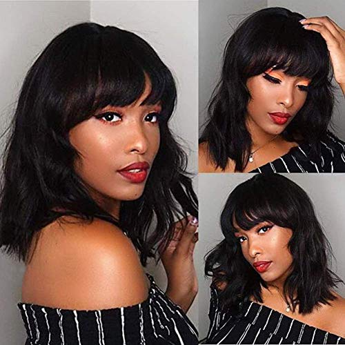 WIGNEE Natural Wave Wigs with Bangs 100% Brazilian Human Hair Fashion Wave Wigs Natural Black 12Inch 1B