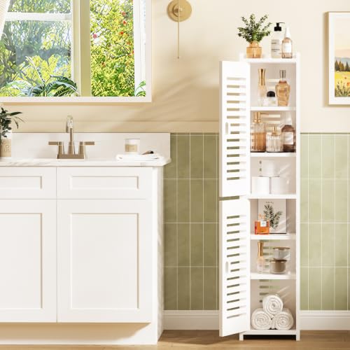 Dripex 7 Tier Tall Bathroom Floor Cabinet 20W x 20D x 118H cm Slim White Storage Cabinet with Door Narrow Free Standing Cupboards Adjustable Shelves for Bathroom or Bedroom (Door Style 2)