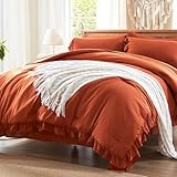 Anluoer Queen Comforter Set 7 Piece, Burnt Orange Bed in a Bag with Sheets, All Season Ruffle Shabby Chic Bedding Sets with 1 Comforter, 2 Pillow Shams, 2 Pillowcases, 1 Flat Sheet, 1 Fitted Sheet
