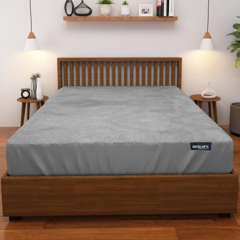 Restofit 100% Waterproof Mattress Protector, Premium Cotton 220 GSM, Soft & Breathable | 75x72 Inch King Size Bed Cover, Grey | Protects Against Spills, Dust & Stains | Hypoallergenic & Durable
