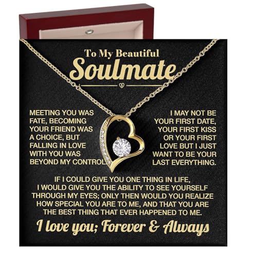 To My Beautiful Soulmate Necklace for Women Romantic Jewelry from Husband Christmas Gift Ideas for Wife Anniversary or Valentines Day Gift (Forever Love Necklace - Soulmate 18k Yellow Gold Finish - Luxury Box LED LIGHT)