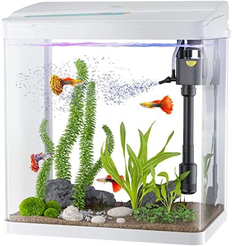PONDON Betta Fish Tank, 3 Gallon Glass Aquarium, 3 in 1 Fish Tank with Filter and Light, Desktop Small Fish Tank for Betta Fish, Shrimp, Goldfish (White, 3Gallon)